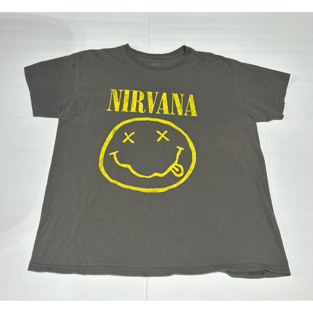 Nirvana Men's Large Charcoal Gray Smiley Face Graphic T-Shirt